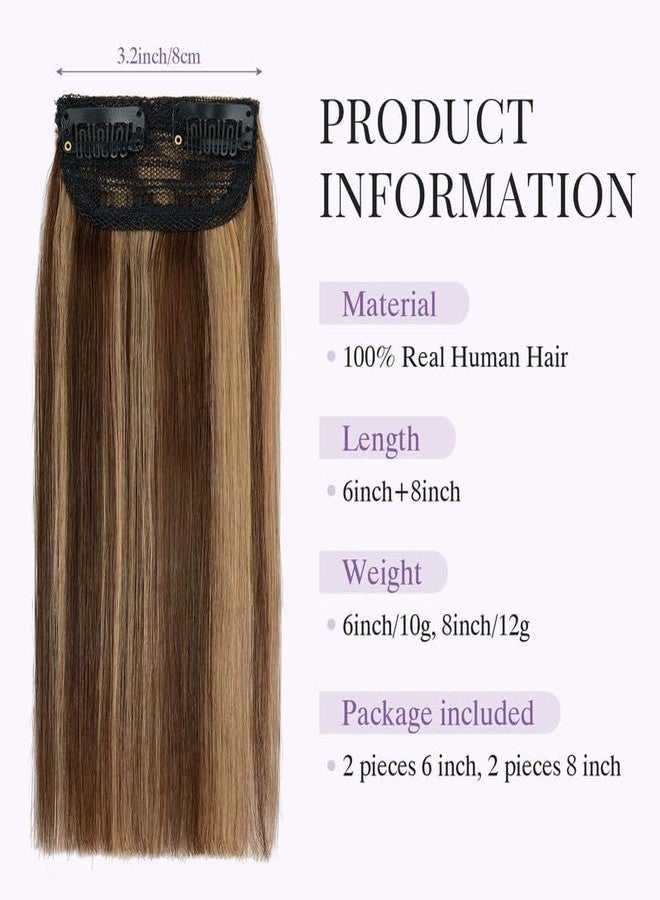 S-noilite 4 pieces Clip In Short Hair Extensions 100% Remy Human Hair Invisible Mini Short Clip in Hairpiece for Women with Thinning Hair Medium Brown Mixed Dark Blonde 6 inch&8 inch - Image 5